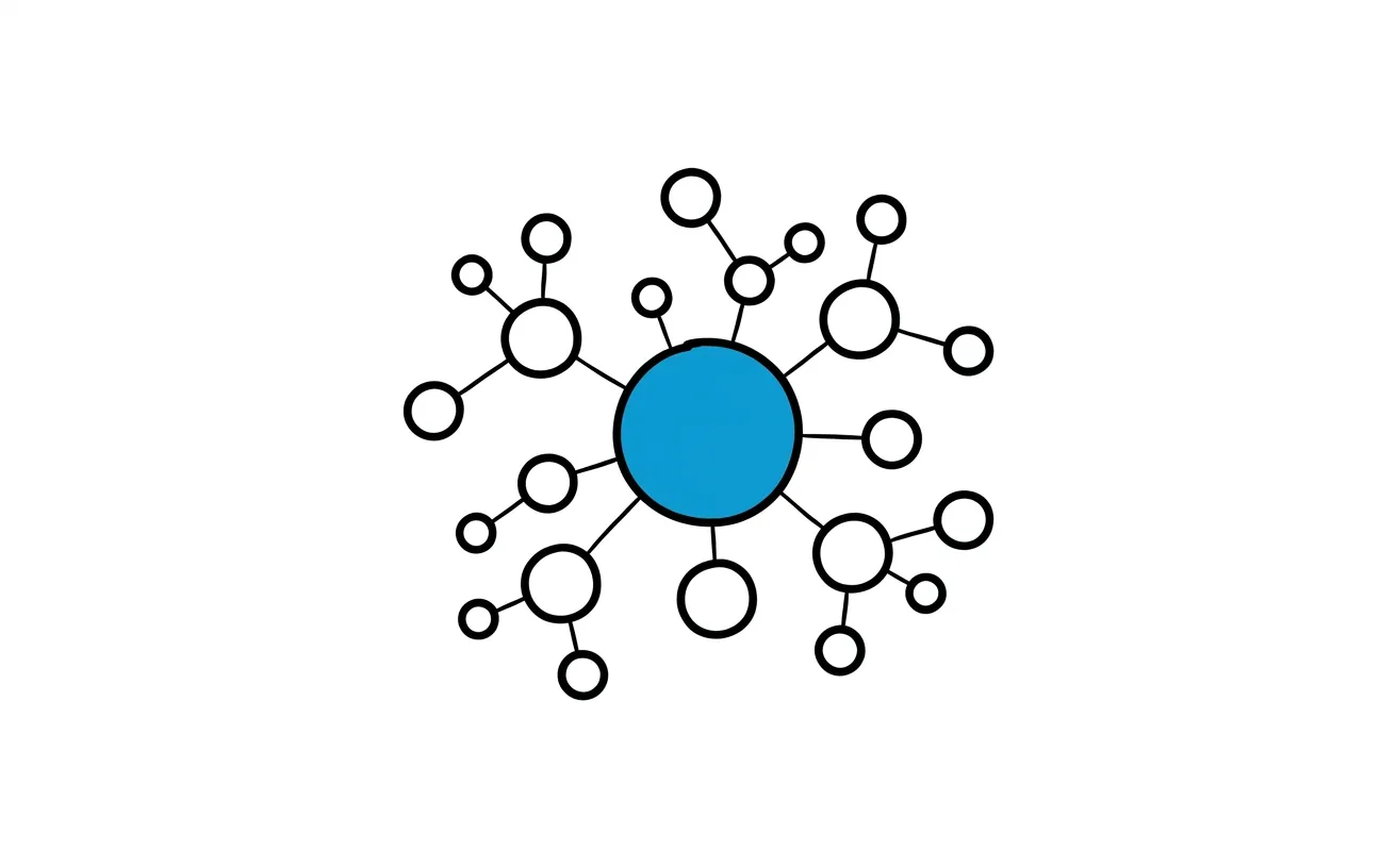 Abstract illustration of several small varied circles connecting toward one larger circle.