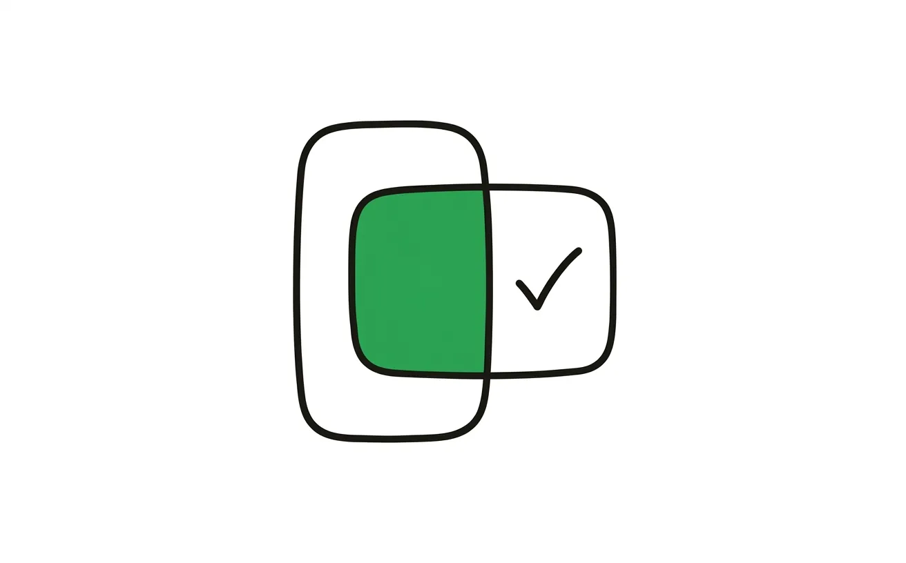 Abstract illustration of two overlapping shapes with a checkmark, representing research meeting deployment.